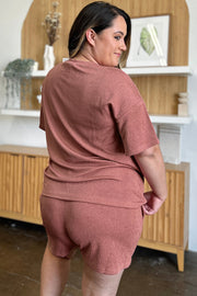 Light Mauve ribbed knit outfit set with relaxed fit t-shirt and shorts.