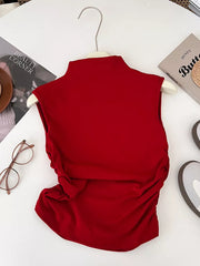 Red textured ruching mock neck tank top with draped detail