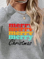 Gray crewneck sweatshirt with retro "merry merry Christmas" graphic in red, orange, yellow, and teal.