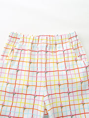 Girls' cotton plaid shorts with floral print and elastic waist