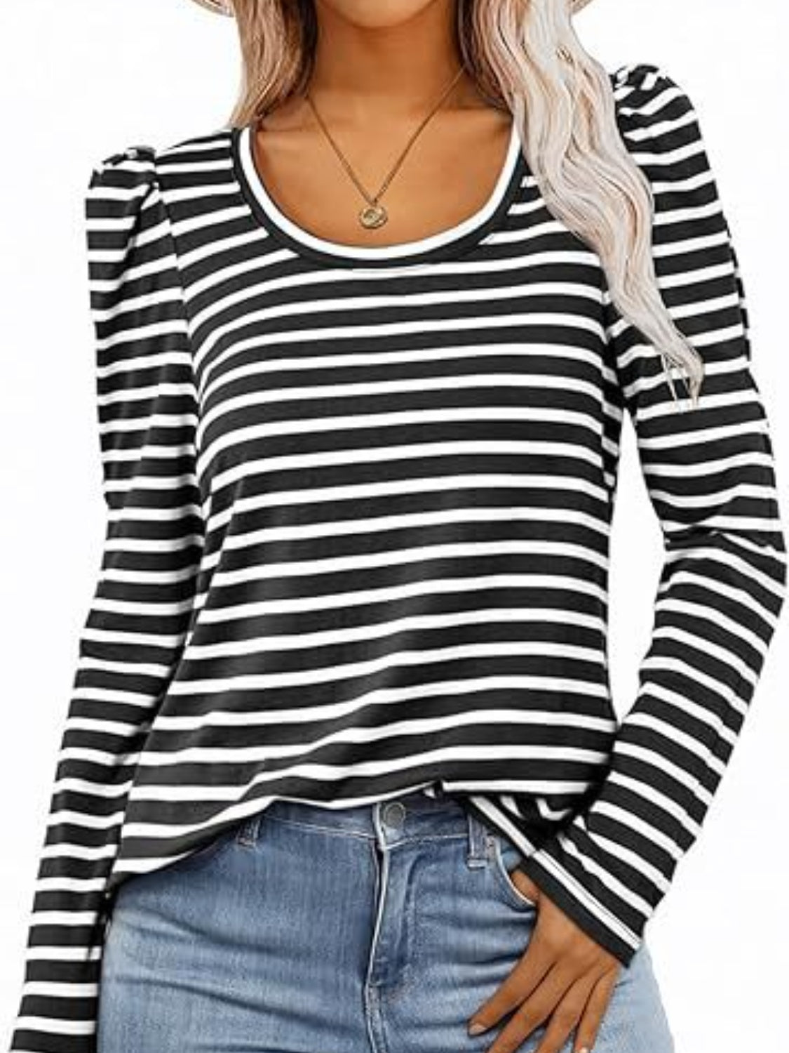 Black and white striped tee with puff sleeves and a scoop neck.
