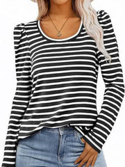 Black and white striped tee with puff sleeves and a scoop neck.