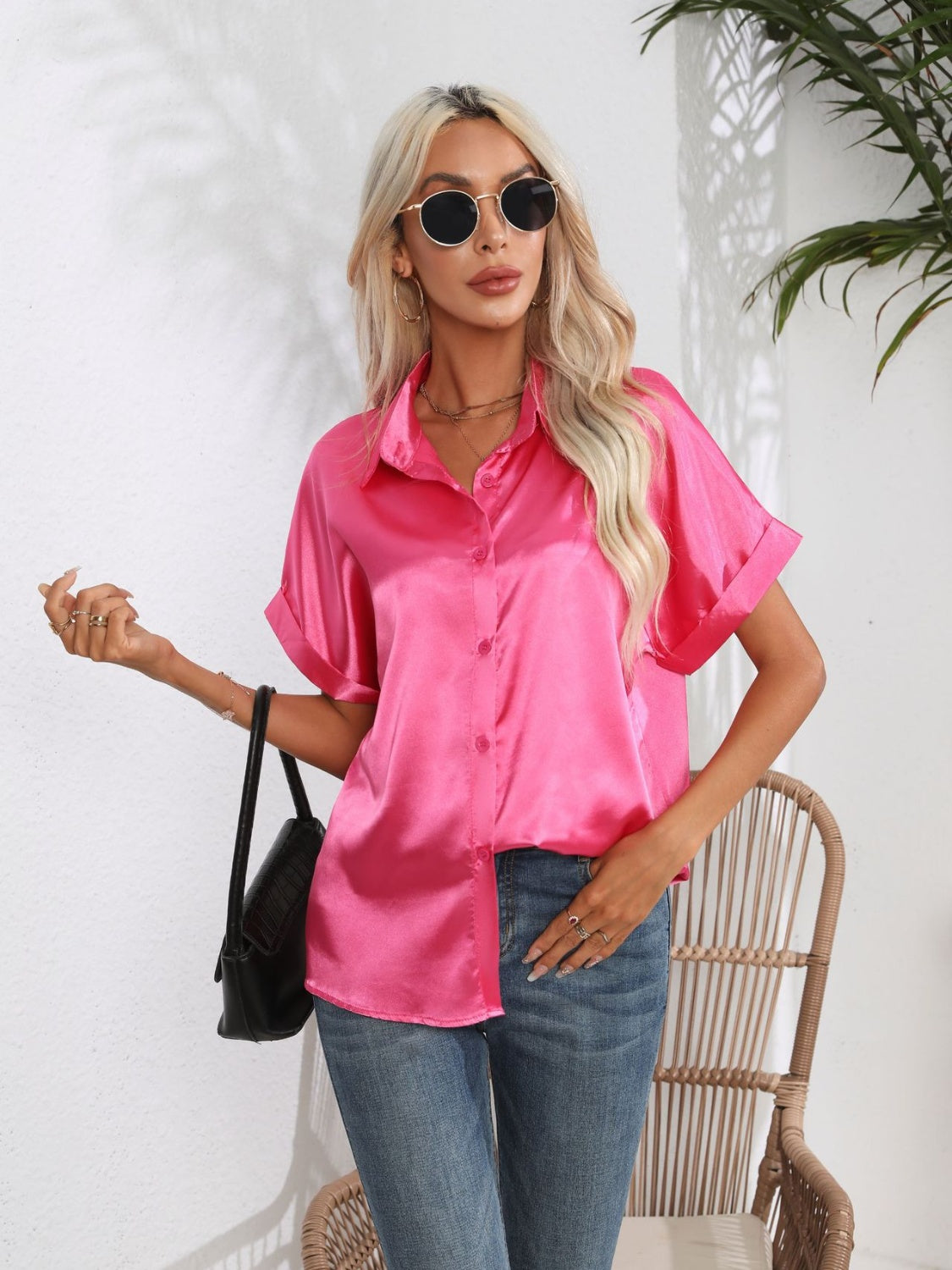 Hot Pink satin boxy sleeve blouse with button-down front and cuffed sleeves.