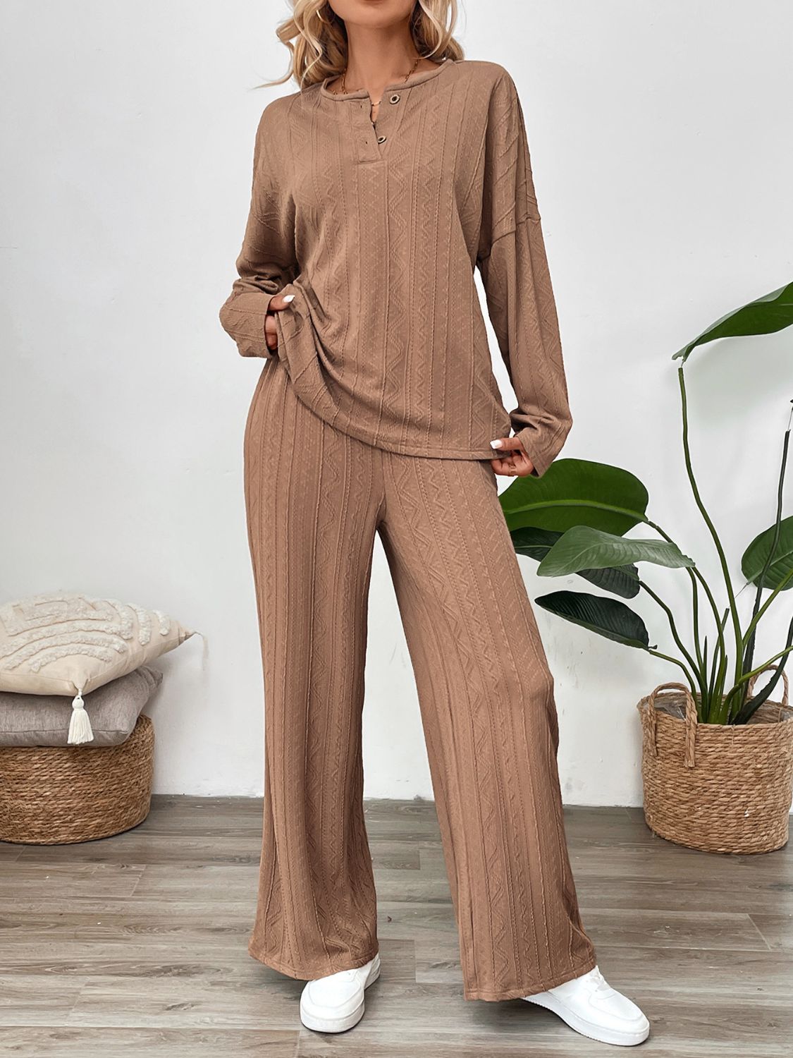 Camel textured henley lounge set with button detail and wide leg pants