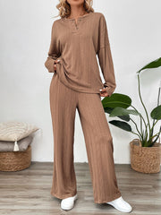 Camel textured henley lounge set with button detail and wide leg pants