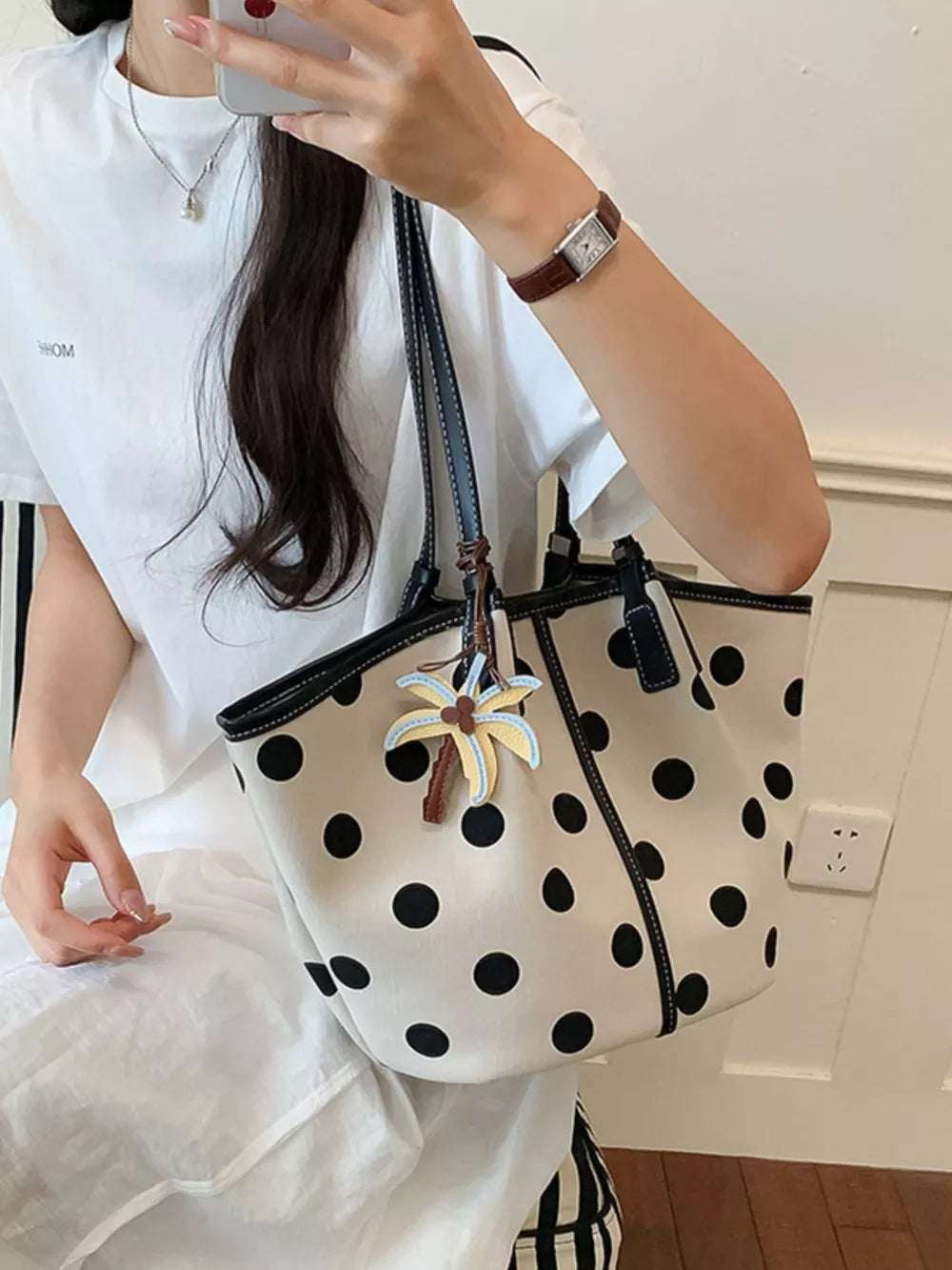 Polka Dot Shoulder Bag in White, alternate angle