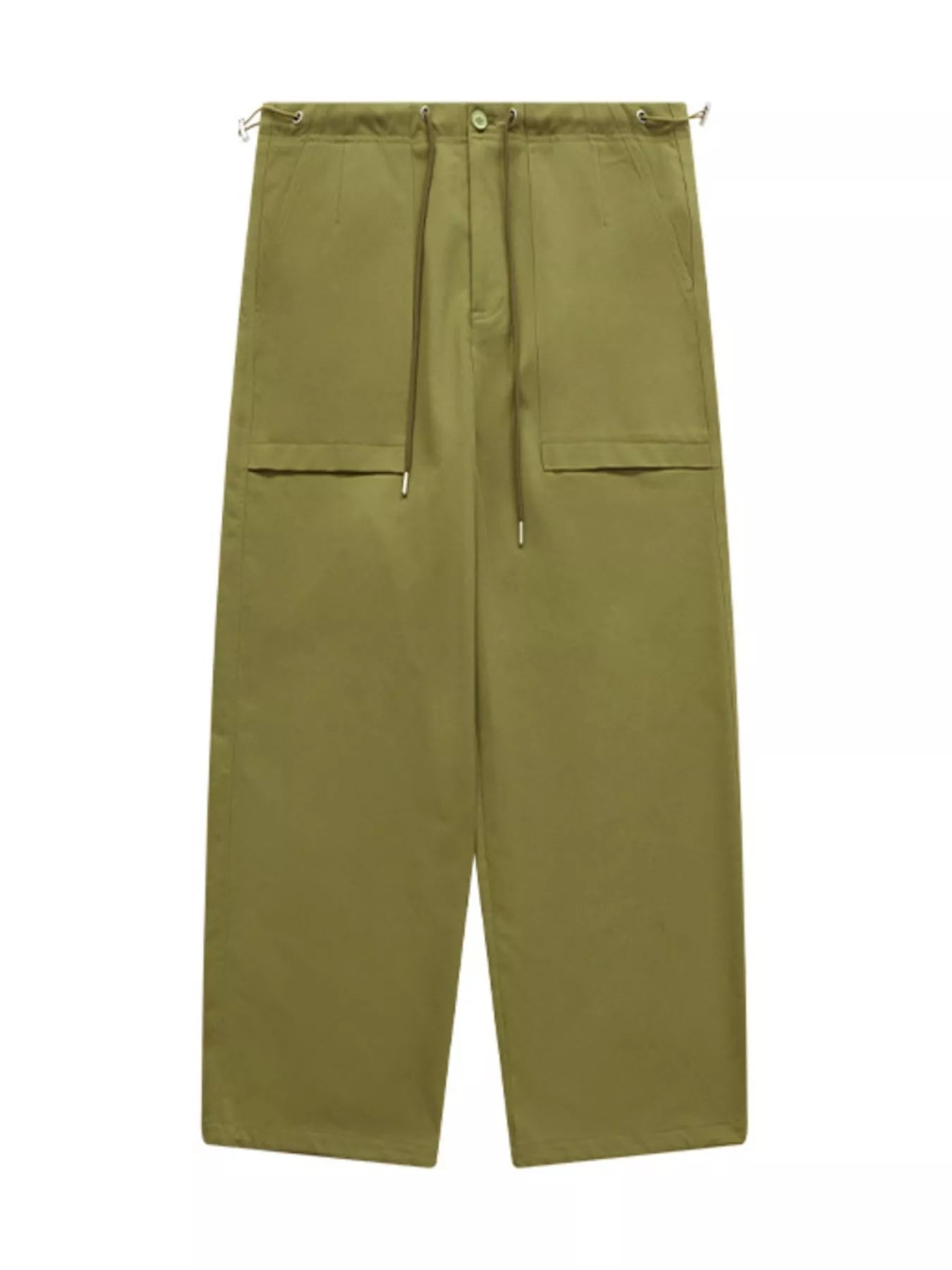 Relaxed fit cargo trousers in yellow-green with drawstring waist and utility pockets.