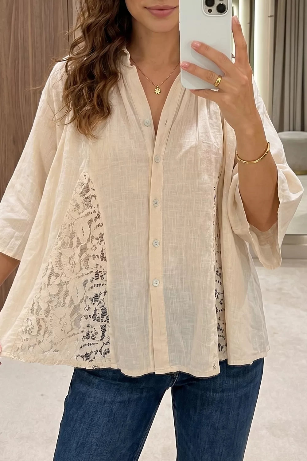 Sheer Lace Splicing Detail Loose Shirt in Beige, front view