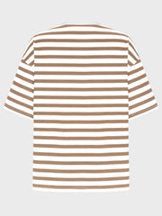 Oversized striped tee in taupe and white with dropped sleeves and a crew neck.