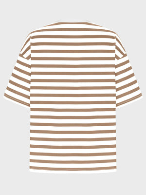Oversized striped tee in taupe and white with dropped sleeves and a crew neck.