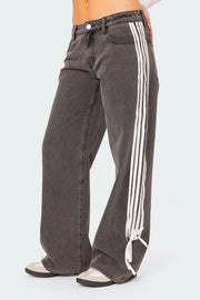 Side stripe wide-leg denim trousers in mocha with white stripes and tie detail at hem.