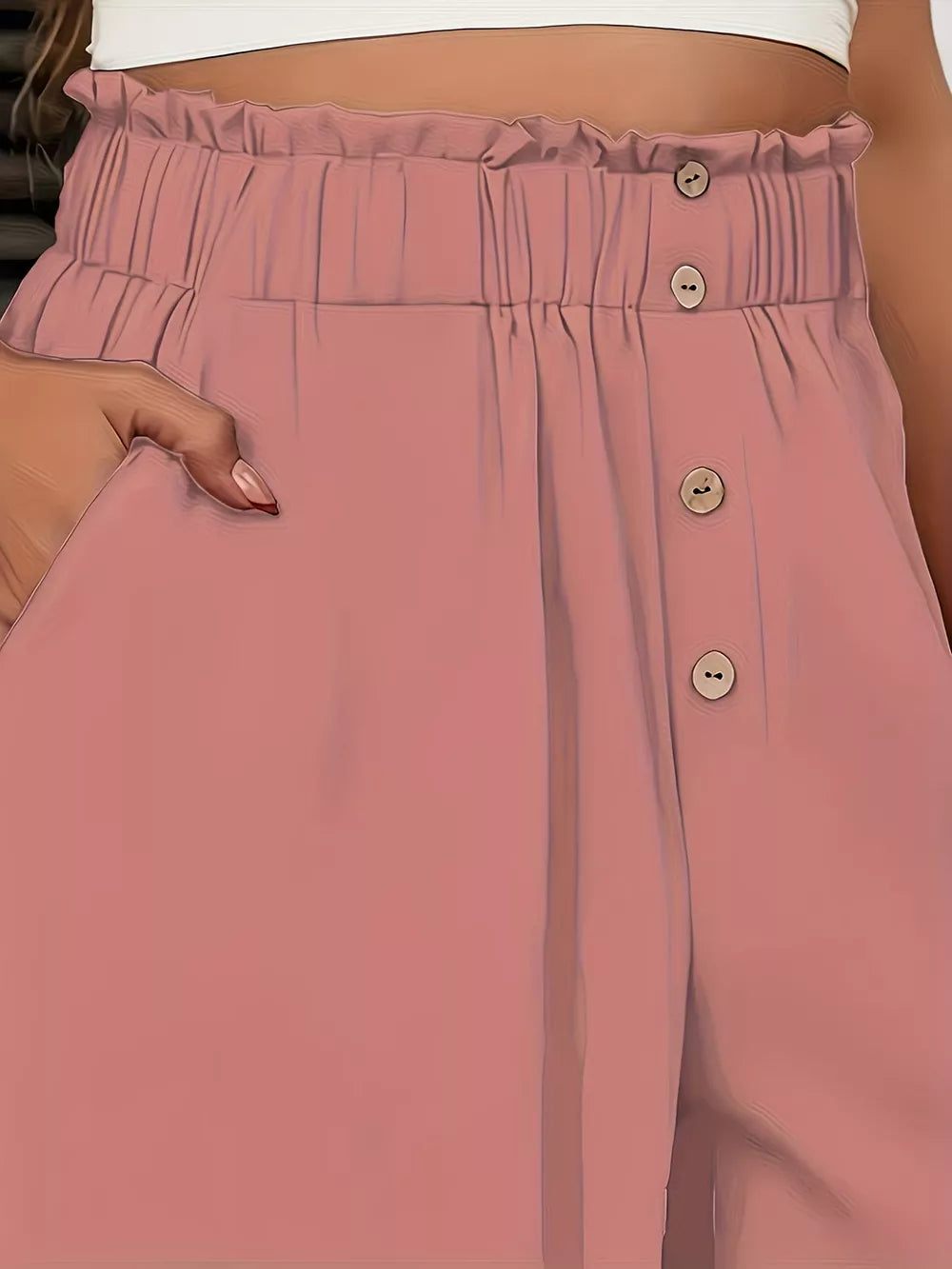 Pale blush wide-leg pants with paperbag waist and button detail
