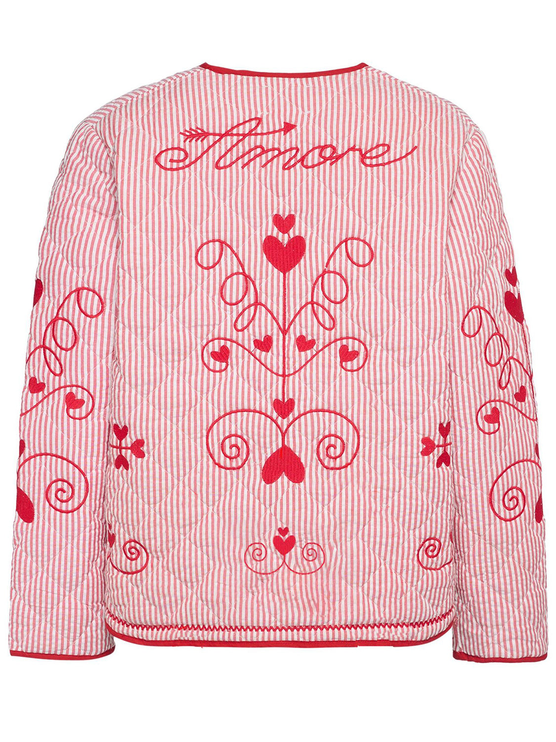 Heart embroidered seersucker jacket in deep red with quilted detail and bow accents.