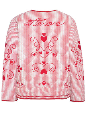 Heart embroidered seersucker jacket in deep red with quilted detail and bow accents.