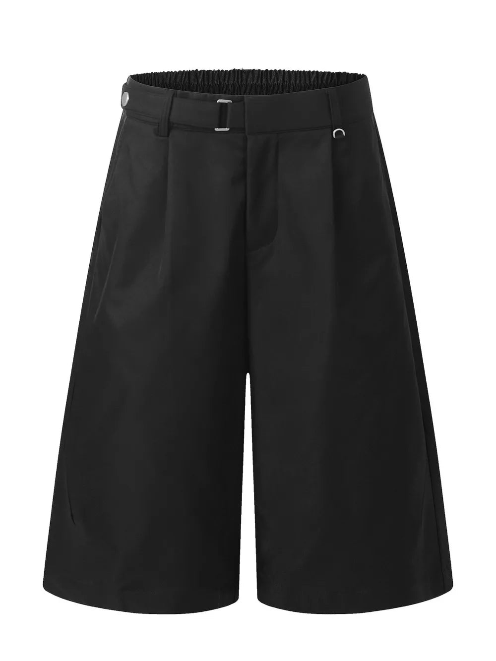 Black pleated wide-leg maternity capris with elastic waistband and buckle detail.