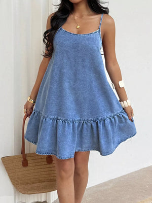 Casual Spaghetti Strap Ruffle Hem Denim Dress in Blue, side view