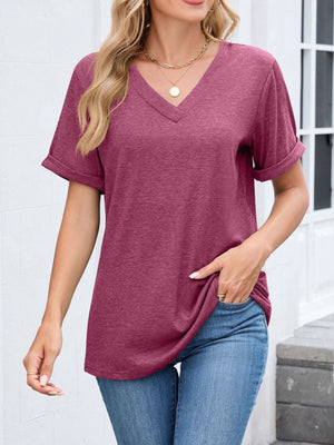 Wine Red V-neck t-shirt with cuffed short sleeves and a relaxed fit.