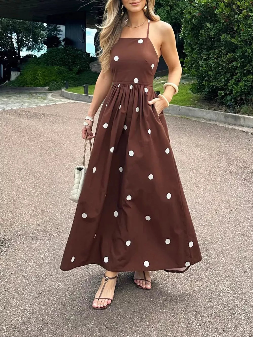 Brown polka dot maxi dress with pockets, square neck, backless, ankle length, polyester