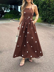 Brown polka dot maxi dress with pockets, square neck, backless, ankle length, polyester