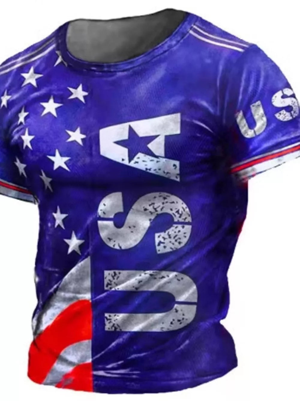 Royal blue crew neck t-shirt with USA flag print and distressed lettering.