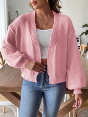 Dusty Pink balloon sleeve knit cardigan with ribbed cuffs and hem, open front.