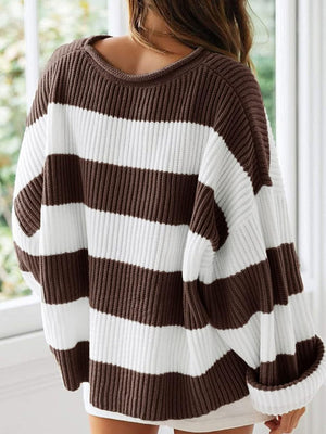 Striped oversized knit sweater in chocolate and white with a crew neck.