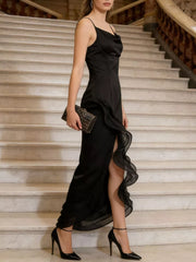 Spaghetti Strap Ruffle Slit Maxi Dress in Black, side view
