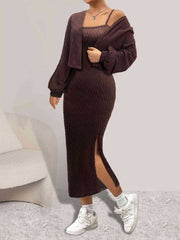 Brown textured midi dress with thigh slit and matching cropped cardigan with balloon sleeves.