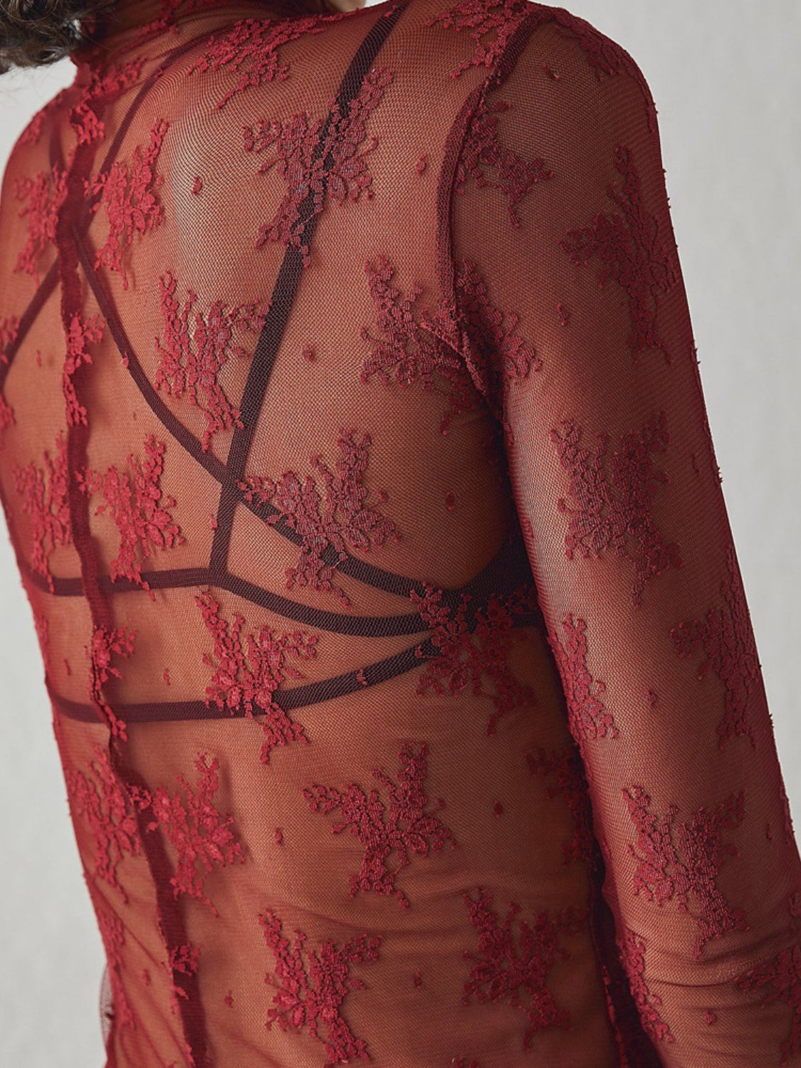 Deep red floral lace illusion mock neck blouse with sheer long sleeves.