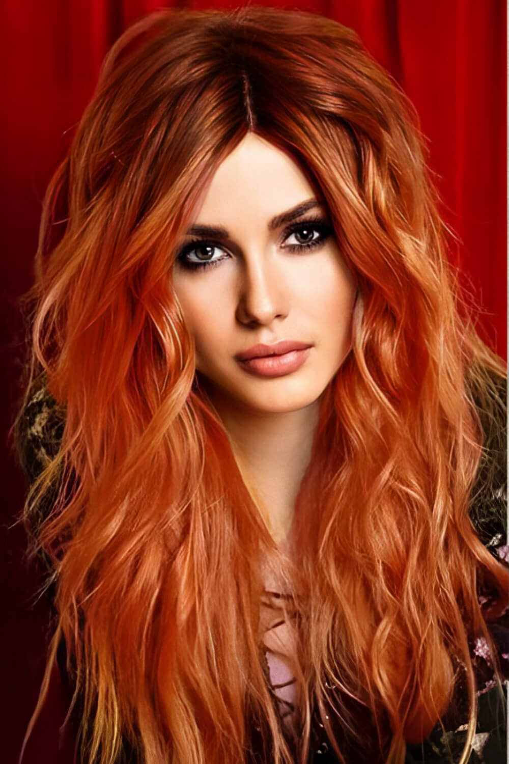 Sunset Ombre Lace Front Wig in Ginger/Brunette Root with wavy texture and lace front detail.