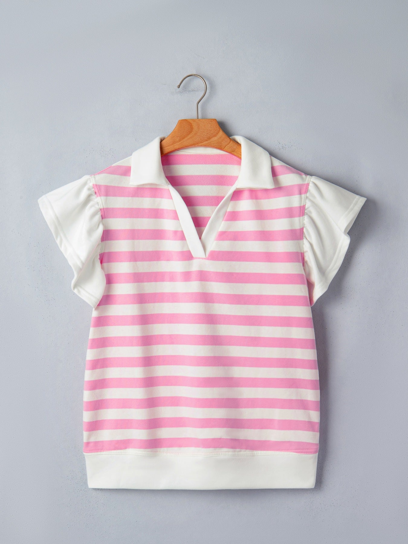 Pink and white striped cotton blouse with ruffled sleeves and collar