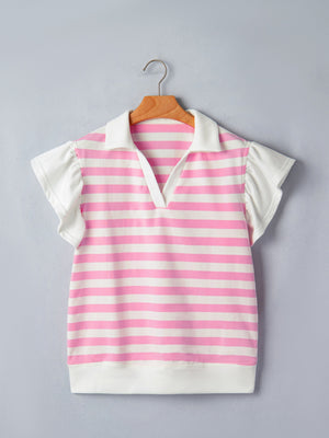 Pink and white striped cotton blouse with ruffled sleeves and collar