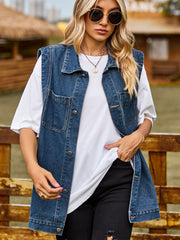 Sleeveless denim utility vest in dark wash with button front and chest pockets.
