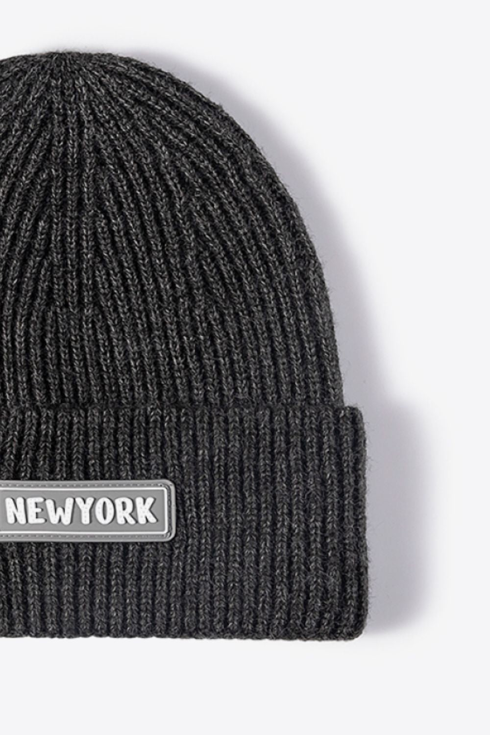 Dark Gray ribbed acrylic beanie with New York patch detail