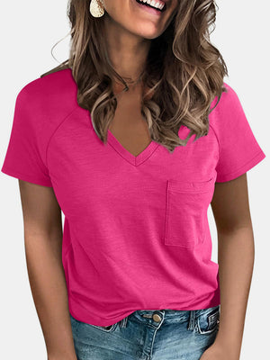 Hot Pink V-neck T-shirt with short raglan sleeves and a chest pocket.