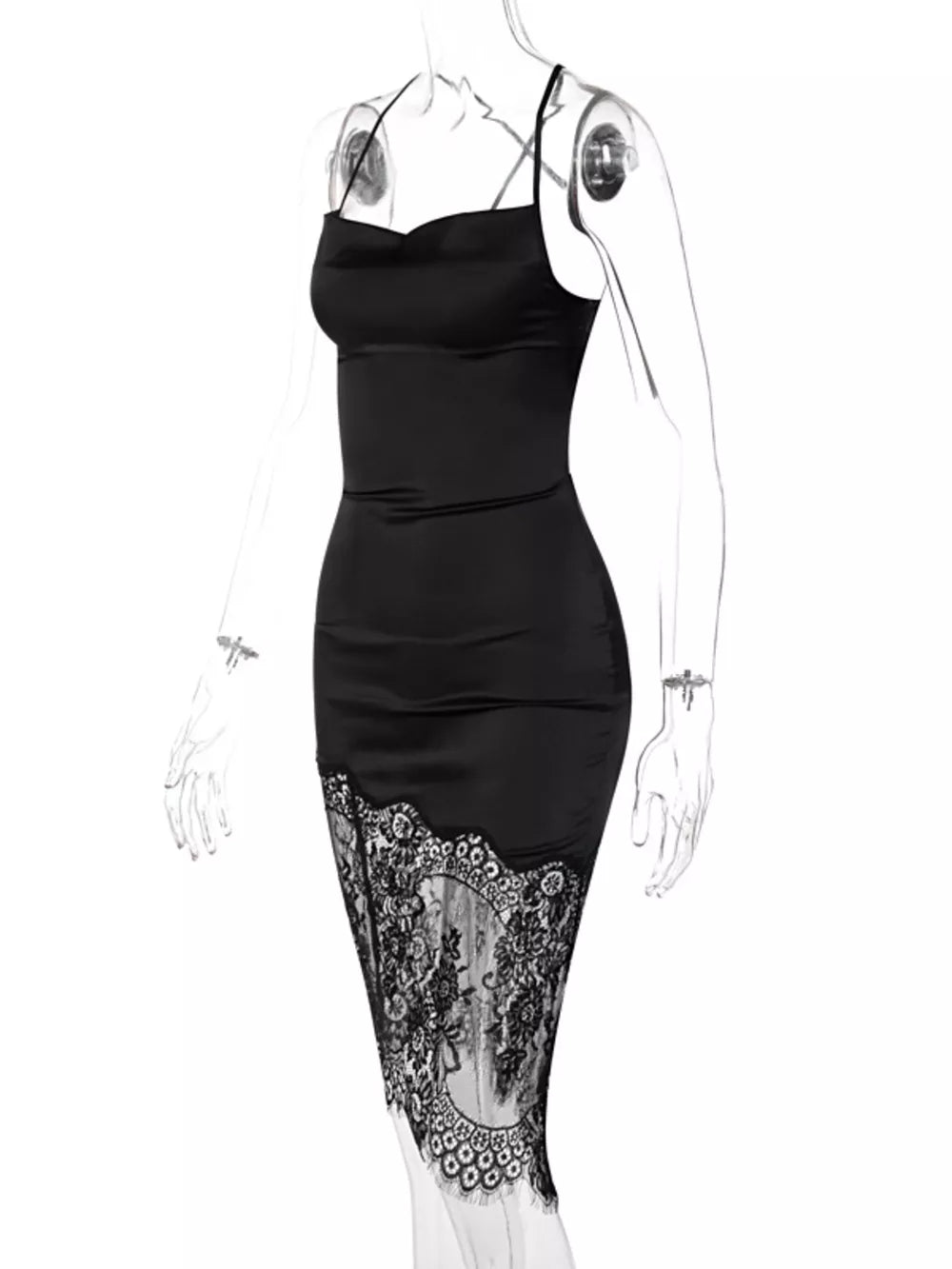 Black satin cowl neck dress with lace trim detail