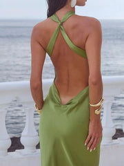 Elegant Halter Neck Satin Maxi Gown