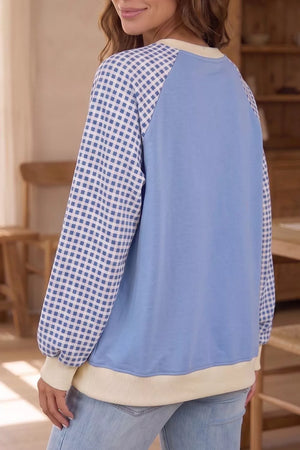 Plaid Raglan Sleeve Sweatshirt in Light Blue, model styling view