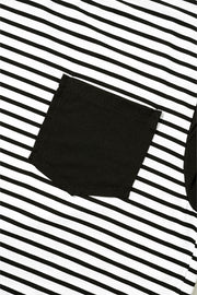 Black and white striped t-shirt with a black chest pocket detail.