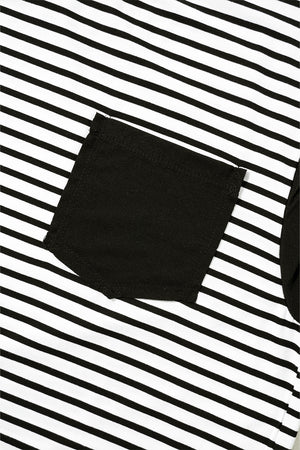 Black and white striped t-shirt with a black chest pocket detail.