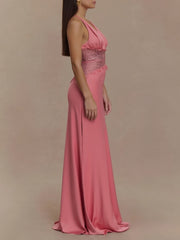 Fuchsia pink halter neck maxi dress with lace trim waist detail