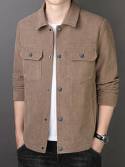Casual corduroy button-down jacket in taupe with two chest pockets and button closure.
