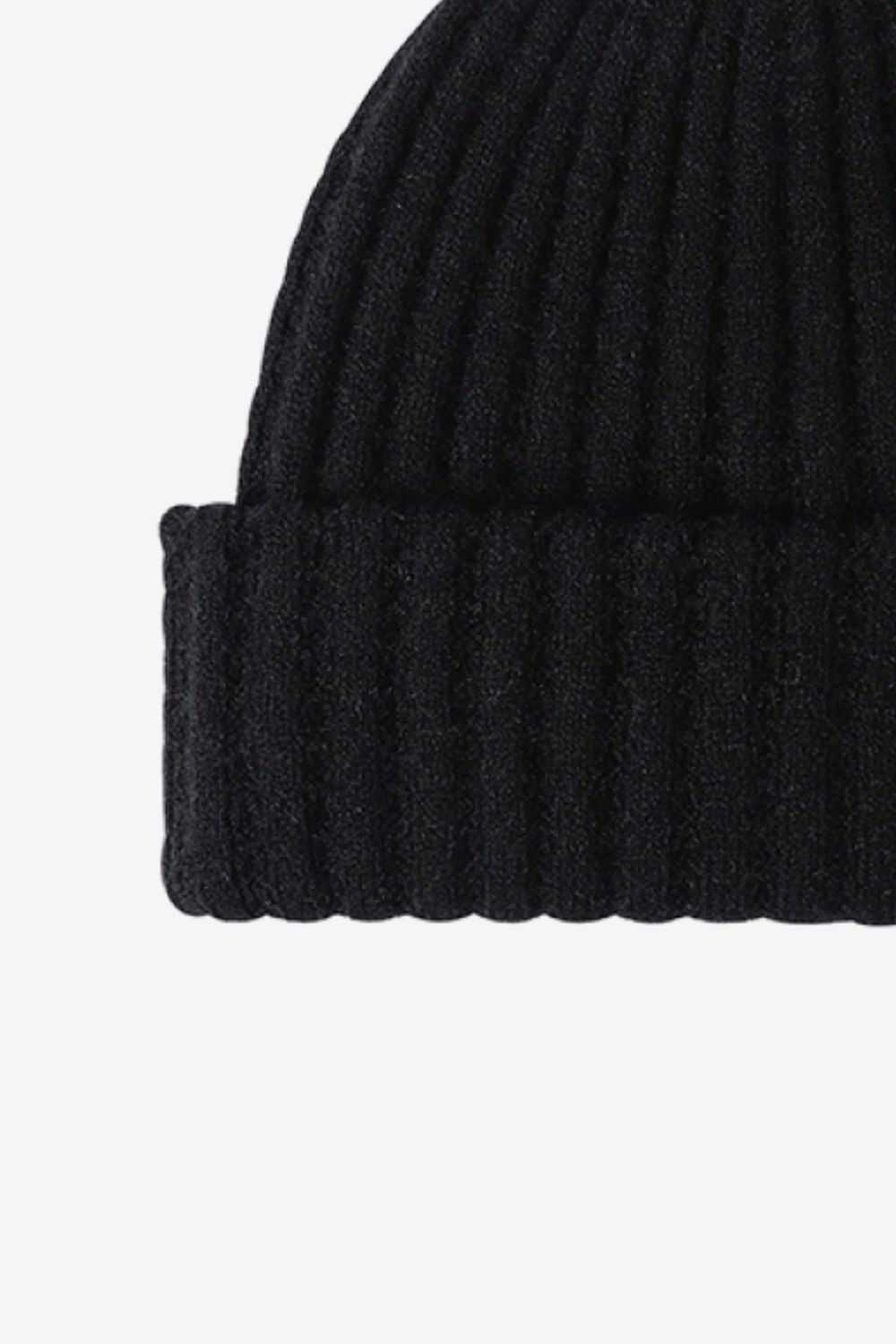 Black acrylic ribbed knit beanie with a folded cuff