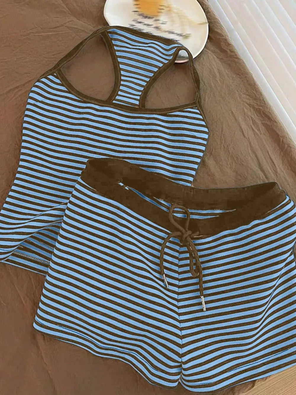 Blue and brown striped tank top and shorts set with drawstring shorts.