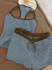 Blue and brown striped tank top and shorts set with drawstring shorts.