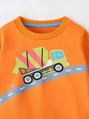 Kids' orange crew neck sweatshirt with a cement truck graphic and road detail.