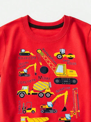 Red cotton crew neck t-shirt with construction vehicle print for kids