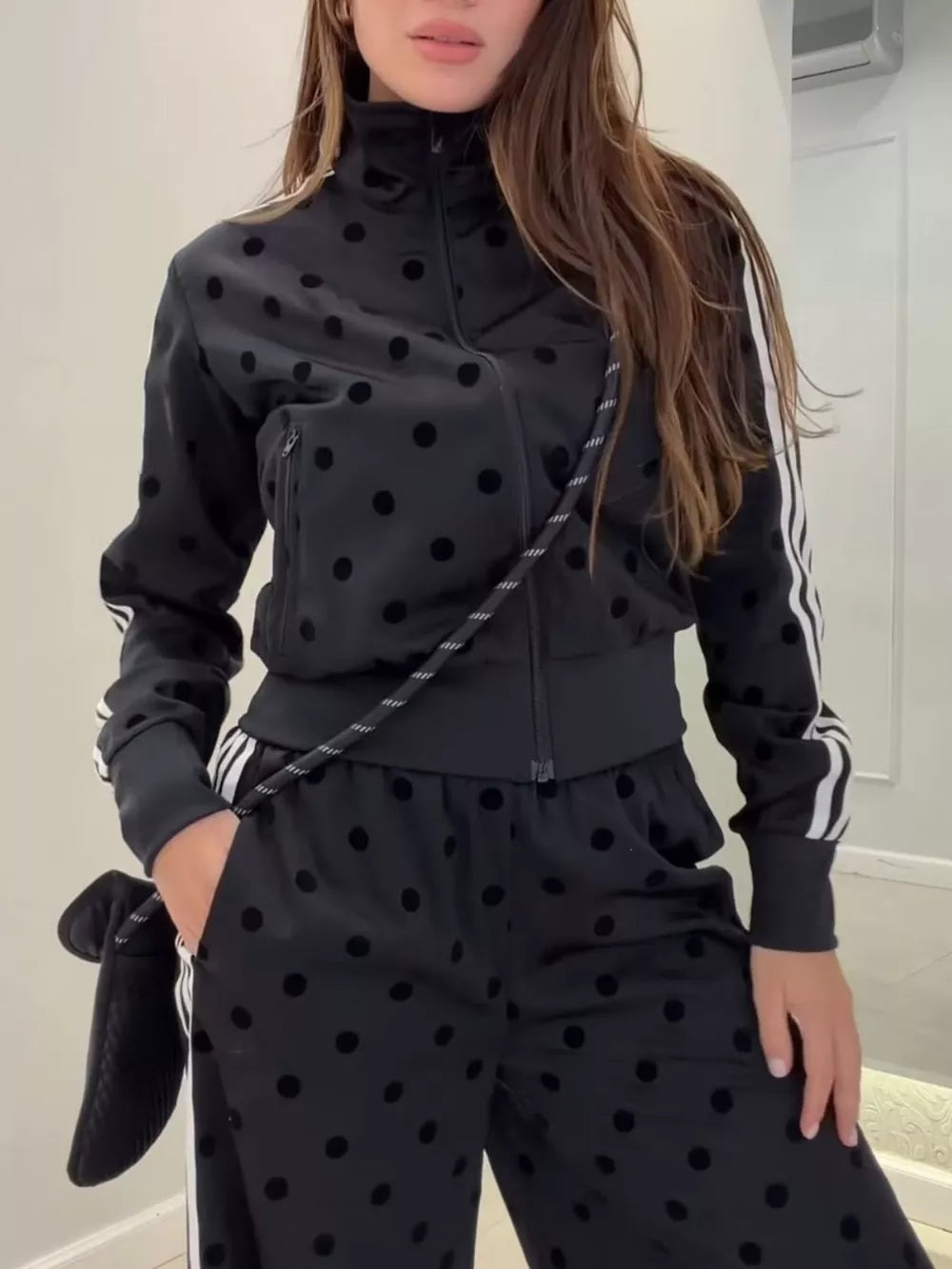 Polka Dot Zip Up Outerwear And Pants Set in Black, view 11