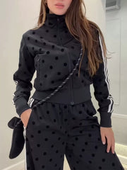 Polka Dot Zip Up Outerwear And Pants Set in Black, view 11