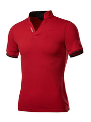 Red cotton men's undershirt with notched V-neck and black trim details.